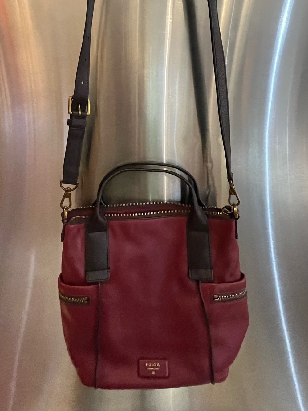 Fossil Emerson Burgundy, Brown Leather Shoulder Crossbody Bag EUC